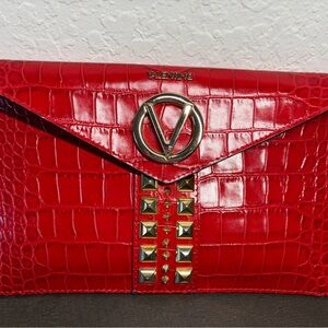 Valentino by Mario Valentino Red Croc-Embossed Purse / Clutch with Gold Studs